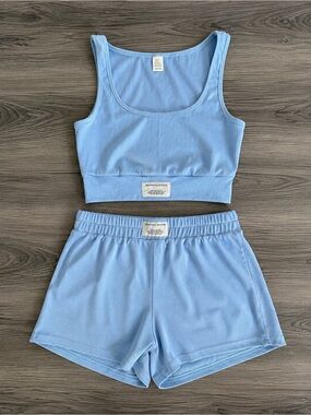 Women’s Blue Lounge Set XS Matching Sports Bra Shorts Soft Ribbed Activewear